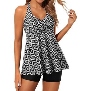 Women Tankini Swimsuit 2 Piece Halter V Neck Swim Dress w Shorts Black M
